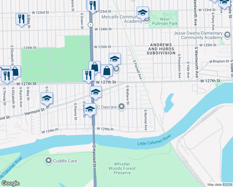 map of restaurants, bars, coffee shops, grocery stores, and more near 12727 South Lowe Avenue in Chicago
