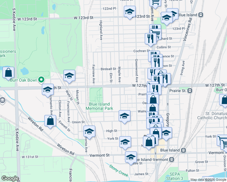 map of restaurants, bars, coffee shops, grocery stores, and more near 12702 Maple Avenue in Blue Island