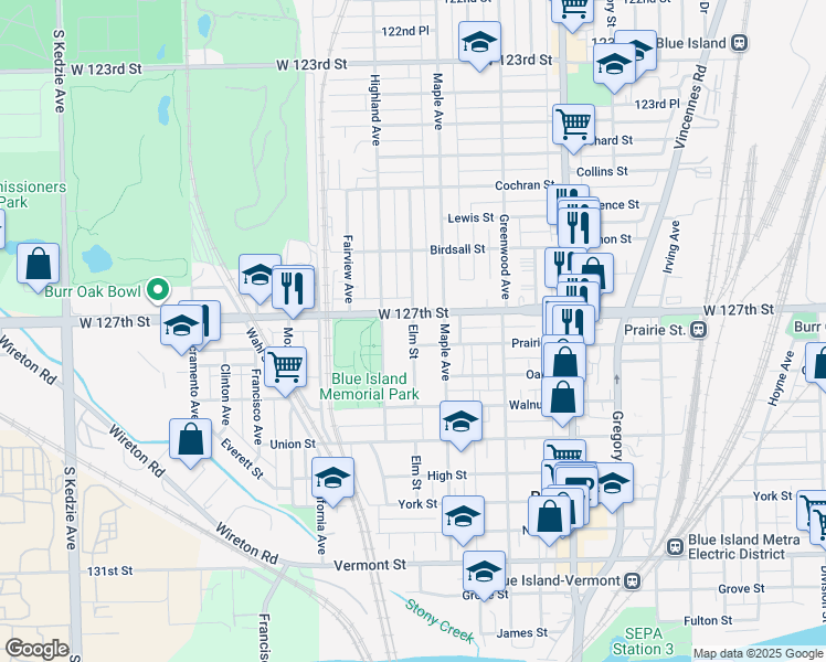 map of restaurants, bars, coffee shops, grocery stores, and more near 2649 Burr Oak Avenue in Blue Island
