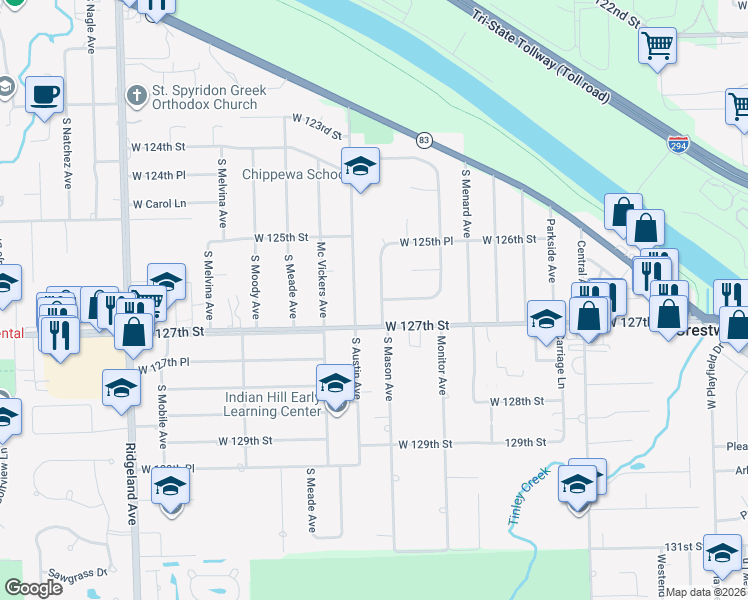map of restaurants, bars, coffee shops, grocery stores, and more near 5930 West 126th Place in Chicago
