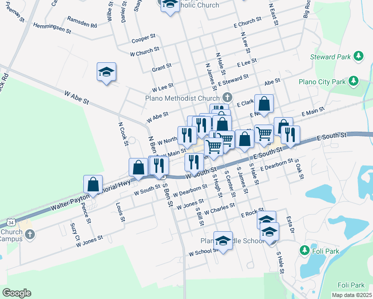 map of restaurants, bars, coffee shops, grocery stores, and more near 220 North Bill Street in Plano