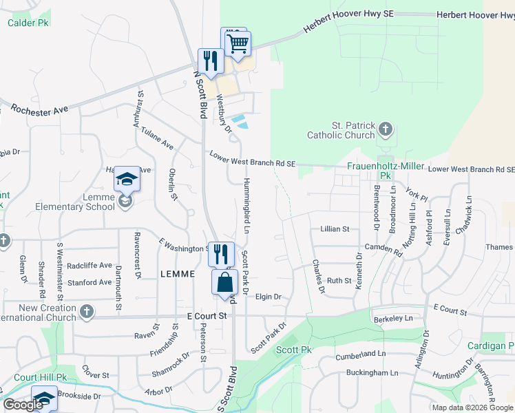 map of restaurants, bars, coffee shops, grocery stores, and more near 299-3799 Hummingbird Lane in Iowa City