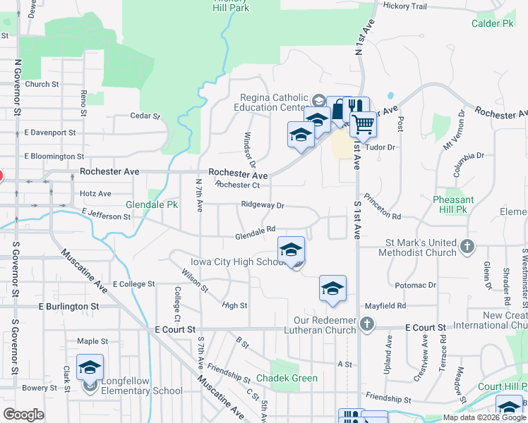 map of restaurants, bars, coffee shops, grocery stores, and more near 101-149 Ashwood Dr in Iowa City