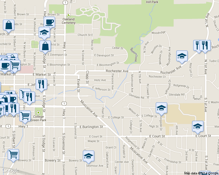 map of restaurants, bars, coffee shops, grocery stores, and more near 1181 Hotz Avenue in Iowa City