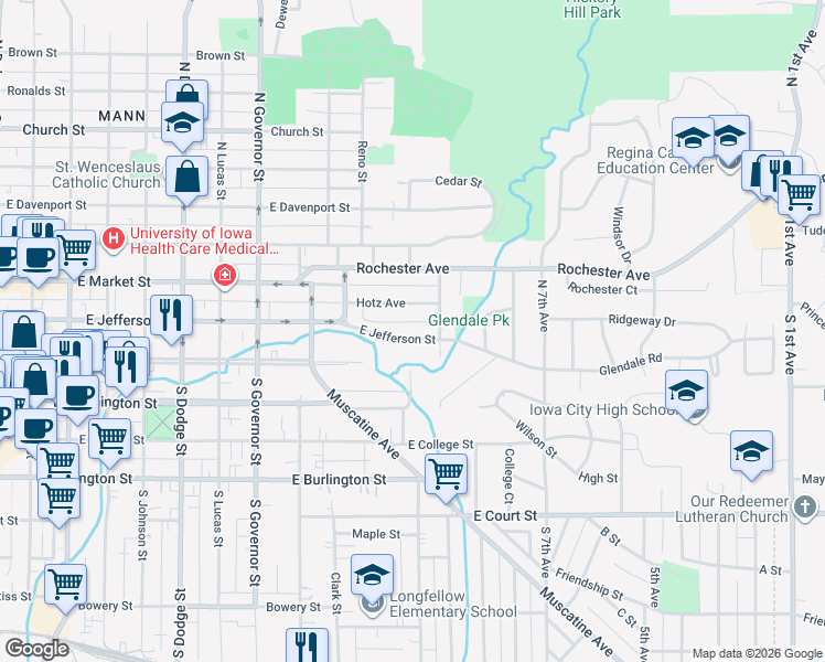map of restaurants, bars, coffee shops, grocery stores, and more near 1181 Hotz Avenue in Iowa City