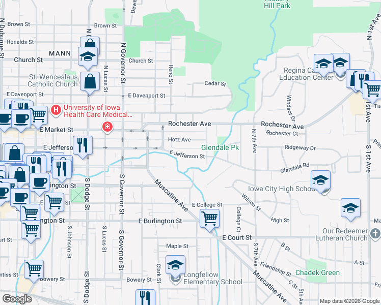map of restaurants, bars, coffee shops, grocery stores, and more near 1181 Hotz Avenue in Iowa City