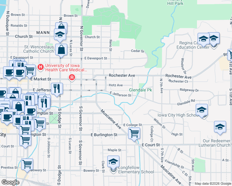 map of restaurants, bars, coffee shops, grocery stores, and more near 1133 Hotz Avenue in Iowa City