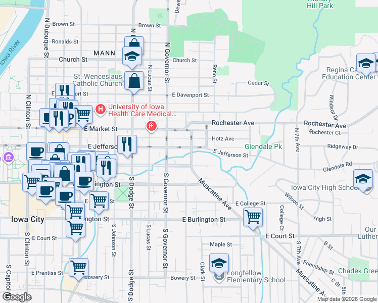 map of restaurants, bars, coffee shops, grocery stores, and more near 944 East Jefferson Street in Iowa City