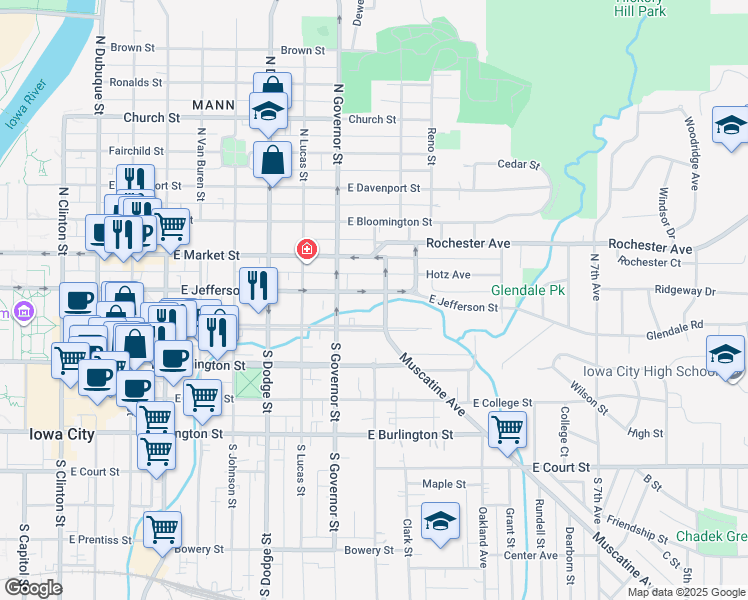 map of restaurants, bars, coffee shops, grocery stores, and more near 944 East Jefferson Street in Iowa City
