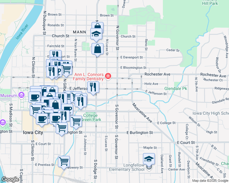 map of restaurants, bars, coffee shops, grocery stores, and more near 106 North Governor Street in Iowa City