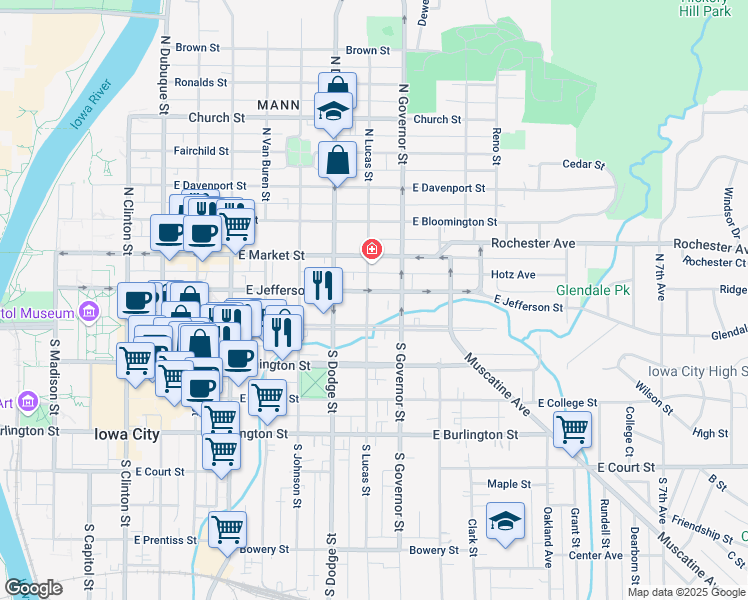 map of restaurants, bars, coffee shops, grocery stores, and more near 810 East Jefferson Street in Iowa City