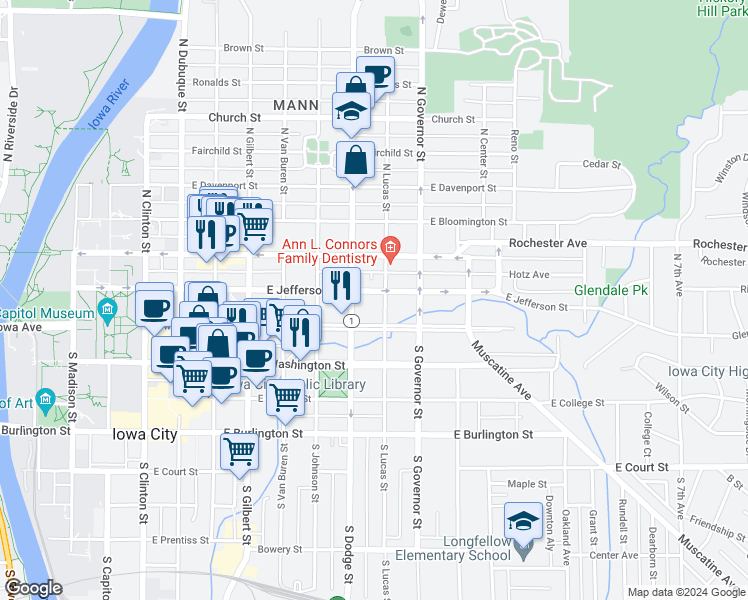 map of restaurants, bars, coffee shops, grocery stores, and more near 704 East Jefferson Street in Iowa City