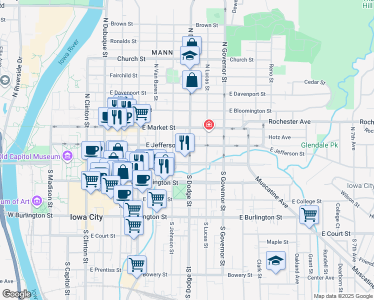 map of restaurants, bars, coffee shops, grocery stores, and more near 704 East Jefferson Street in Iowa City