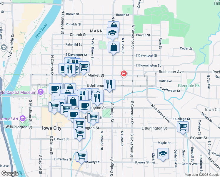 map of restaurants, bars, coffee shops, grocery stores, and more near 704 East Jefferson Street in Iowa City