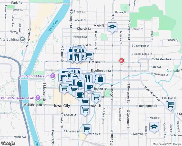 map of restaurants, bars, coffee shops, grocery stores, and more near 404 East Jefferson Street in Iowa City