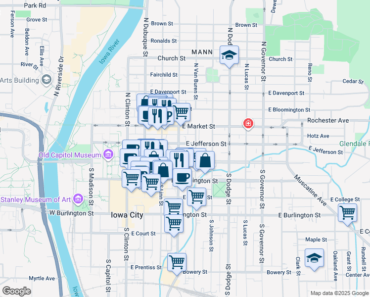map of restaurants, bars, coffee shops, grocery stores, and more near 404 East Jefferson Street in Iowa City