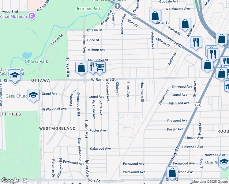 map of restaurants, bars, coffee shops, grocery stores, and more near 2127 Clinton Street in Toledo