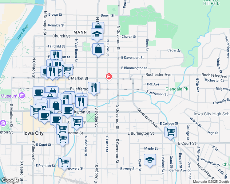 map of restaurants, bars, coffee shops, grocery stores, and more near 106 North Governor Street in Iowa City