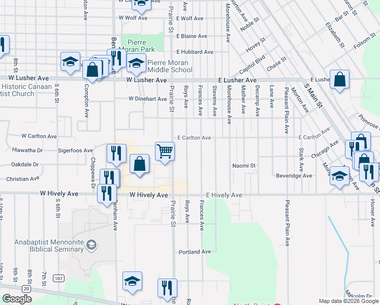 map of restaurants, bars, coffee shops, grocery stores, and more near 2415 Frances Avenue in Elkhart