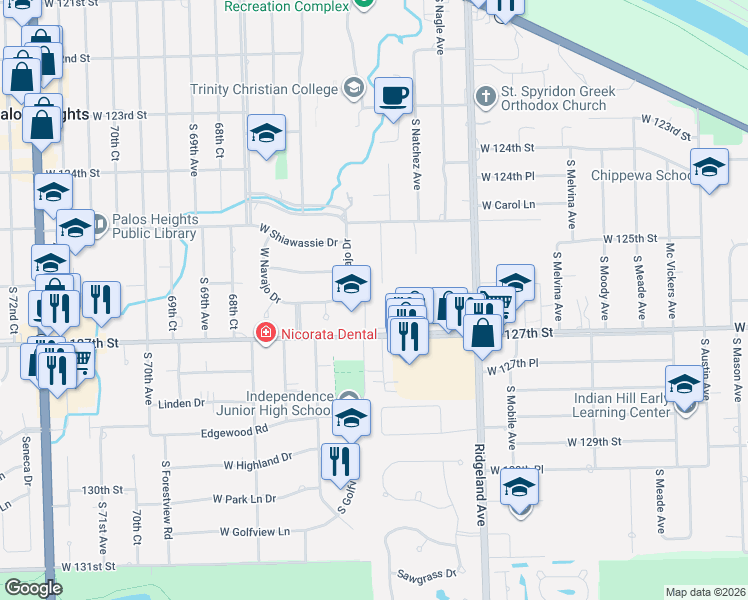 map of restaurants, bars, coffee shops, grocery stores, and more near 6514 West 126th Place in Palos Heights