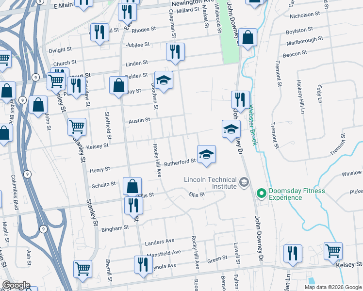 map of restaurants, bars, coffee shops, grocery stores, and more near 229 Kelsey Street in New Britain