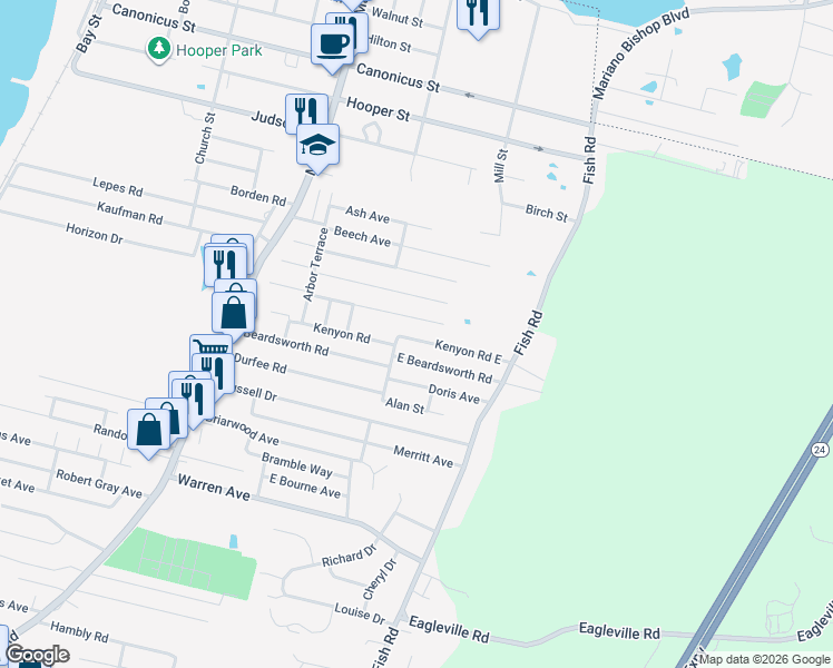 map of restaurants, bars, coffee shops, grocery stores, and more near 105 Fir Avenue in Tiverton