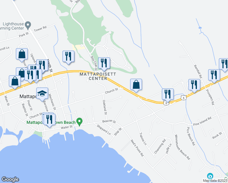 map of restaurants, bars, coffee shops, grocery stores, and more near 82 Church Street in Mattapoisett