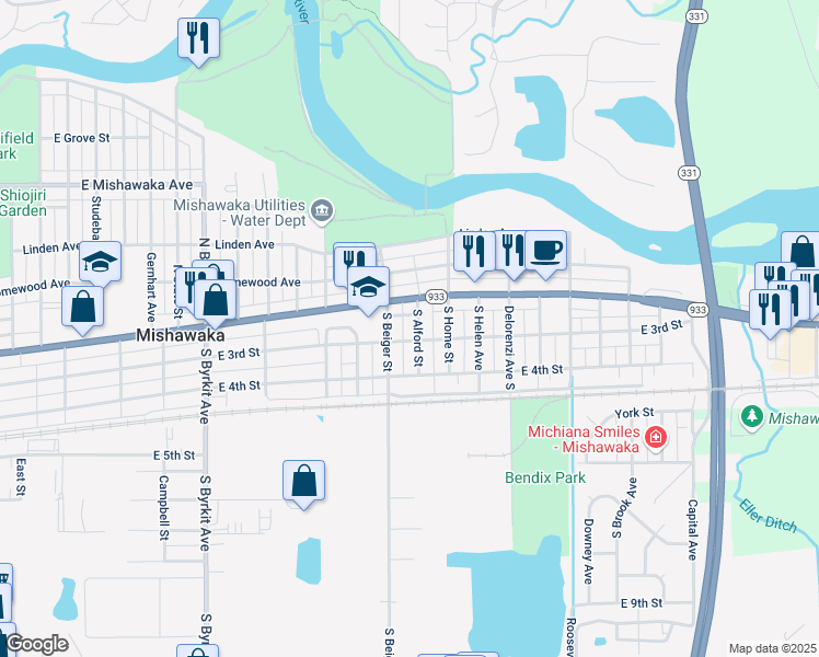 map of restaurants, bars, coffee shops, grocery stores, and more near 127 South Alford Street in Mishawaka