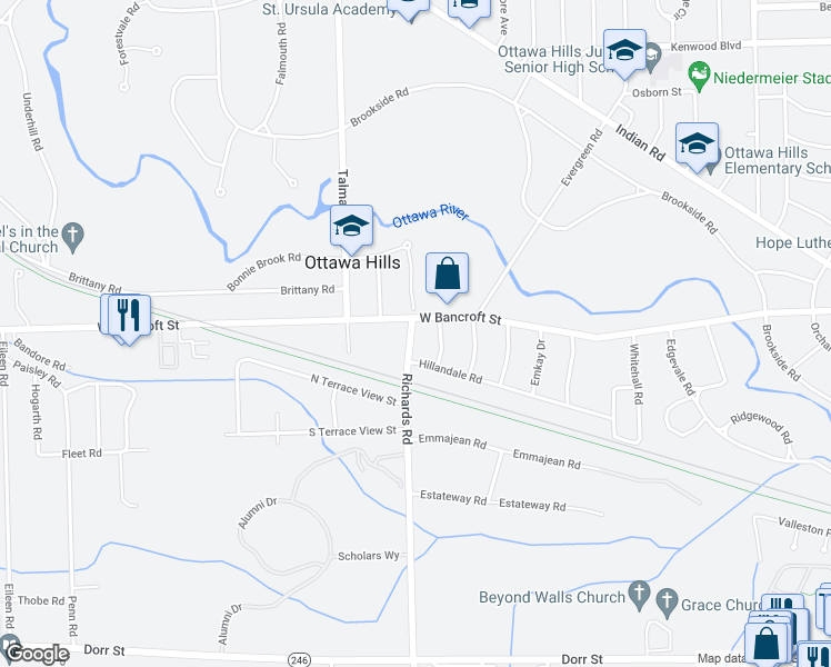 map of restaurants, bars, coffee shops, grocery stores, and more near 4105 West Bancroft Street in Toledo