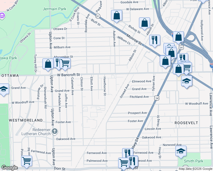 map of restaurants, bars, coffee shops, grocery stores, and more near 2120 Hawthorne Street in Toledo