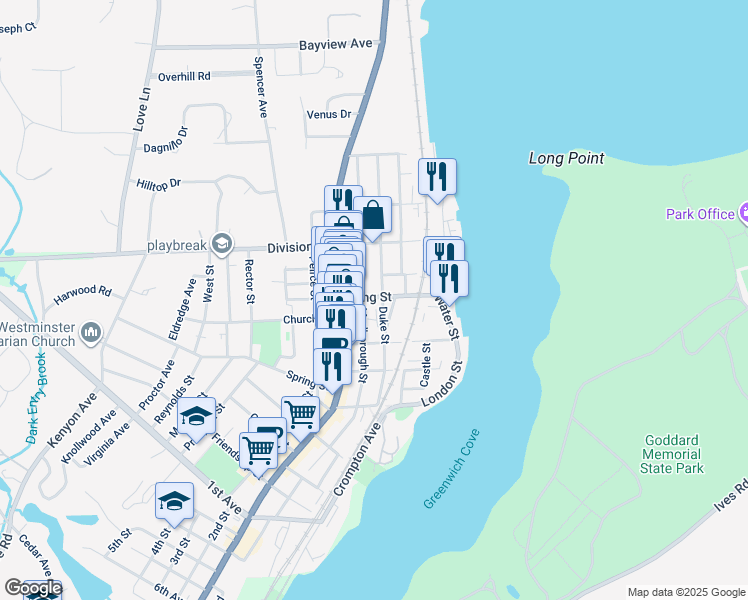 map of restaurants, bars, coffee shops, grocery stores, and more near in East Greenwich