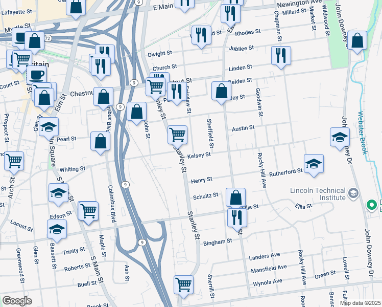 map of restaurants, bars, coffee shops, grocery stores, and more near 11 Fairview Street in New Britain