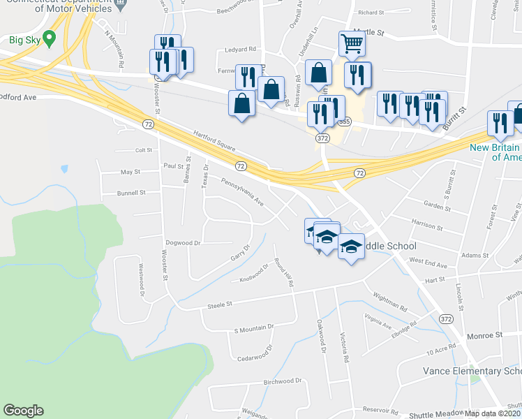 map of restaurants, bars, coffee shops, grocery stores, and more near 55 Pennsylvania Avenue in New Britain