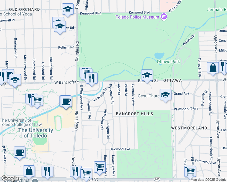 map of restaurants, bars, coffee shops, grocery stores, and more near 2145 Alvin Street in Toledo