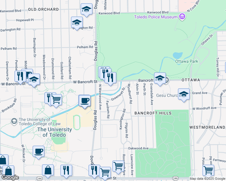 map of restaurants, bars, coffee shops, grocery stores, and more near 2601 West Bancroft Street in Toledo