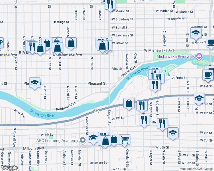 map of restaurants, bars, coffee shops, grocery stores, and more near 3565 Pleasant Street in South Bend