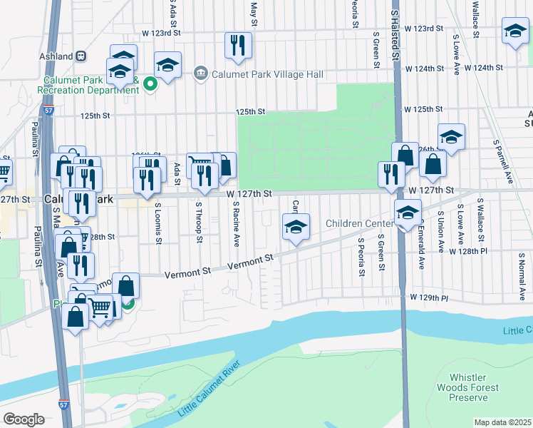 map of restaurants, bars, coffee shops, grocery stores, and more near 1121 West 127th Street in Calumet Park