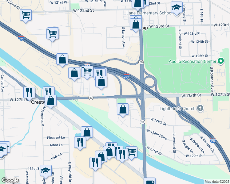 map of restaurants, bars, coffee shops, grocery stores, and more near 5030 West 127th Street in Alsip