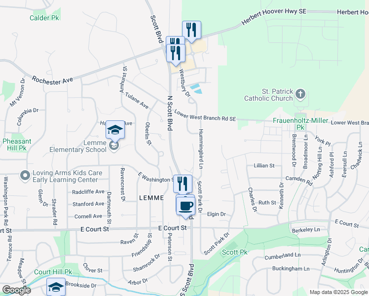 map of restaurants, bars, coffee shops, grocery stores, and more near 1060 Scott Park Drive in Iowa City
