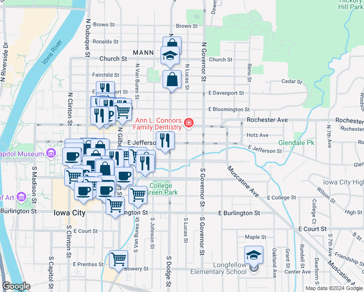 map of restaurants, bars, coffee shops, grocery stores, and more near 810 East Jefferson Street in Iowa City
