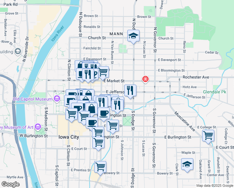 map of restaurants, bars, coffee shops, grocery stores, and more near in Iowa City