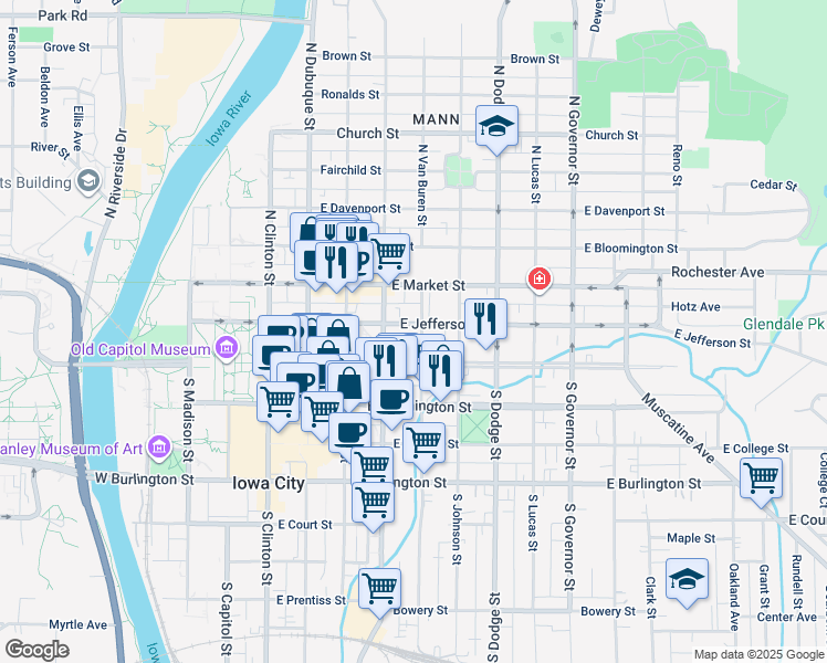 map of restaurants, bars, coffee shops, grocery stores, and more near in Iowa City