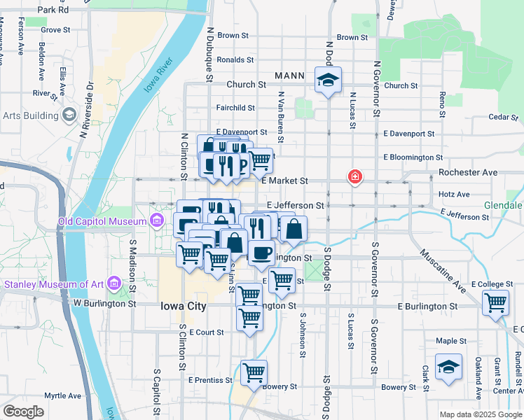 map of restaurants, bars, coffee shops, grocery stores, and more near 404 East Jefferson Street in Iowa City