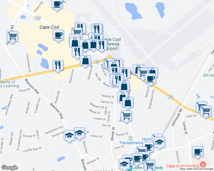 map of restaurants, bars, coffee shops, grocery stores, and more near 99 Lewis Road in Barnstable