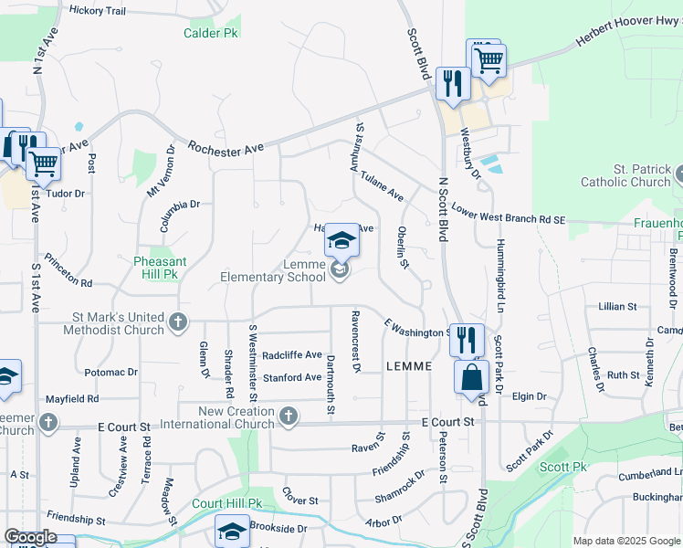 map of restaurants, bars, coffee shops, grocery stores, and more near 3100 East Washington Street in Iowa City