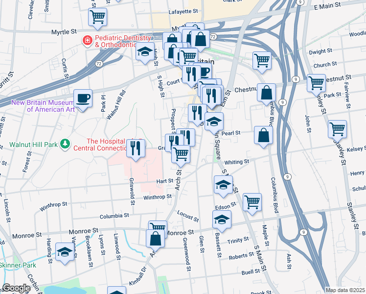 map of restaurants, bars, coffee shops, grocery stores, and more near 3 Grand Street in New Britain