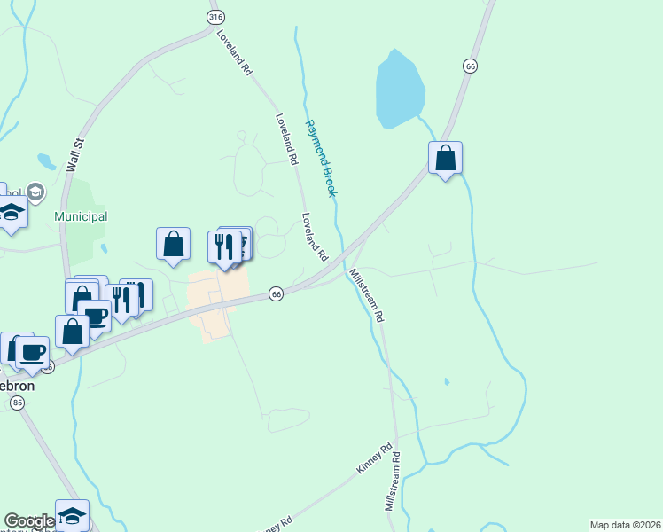 map of restaurants, bars, coffee shops, grocery stores, and more near 169 Main Street in Hebron