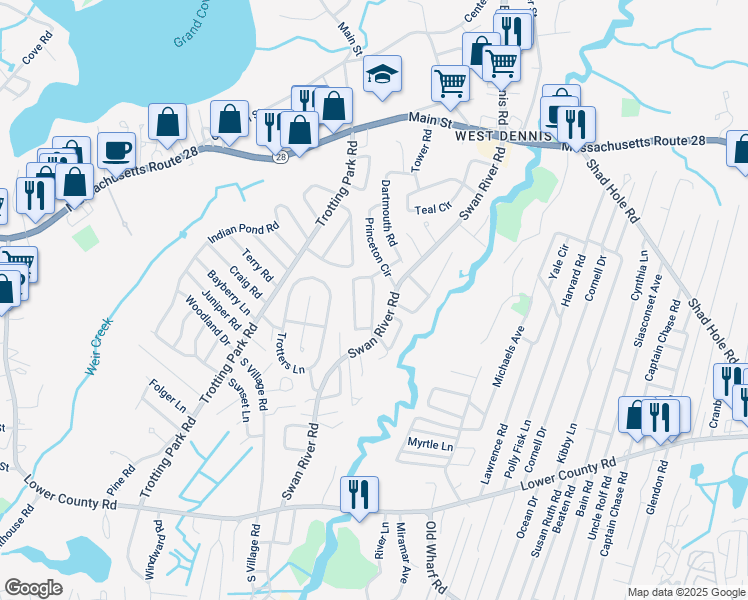map of restaurants, bars, coffee shops, grocery stores, and more near 28 Salt Meadow Road in Dennis