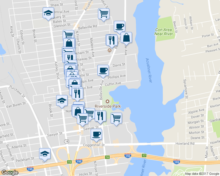 map of restaurants, bars, coffee shops, grocery stores, and more near 144 Coffin Avenue in New Bedford