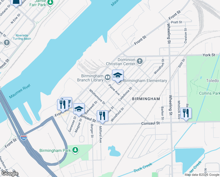 map of restaurants, bars, coffee shops, grocery stores, and more near 302 Paine Avenue in Toledo